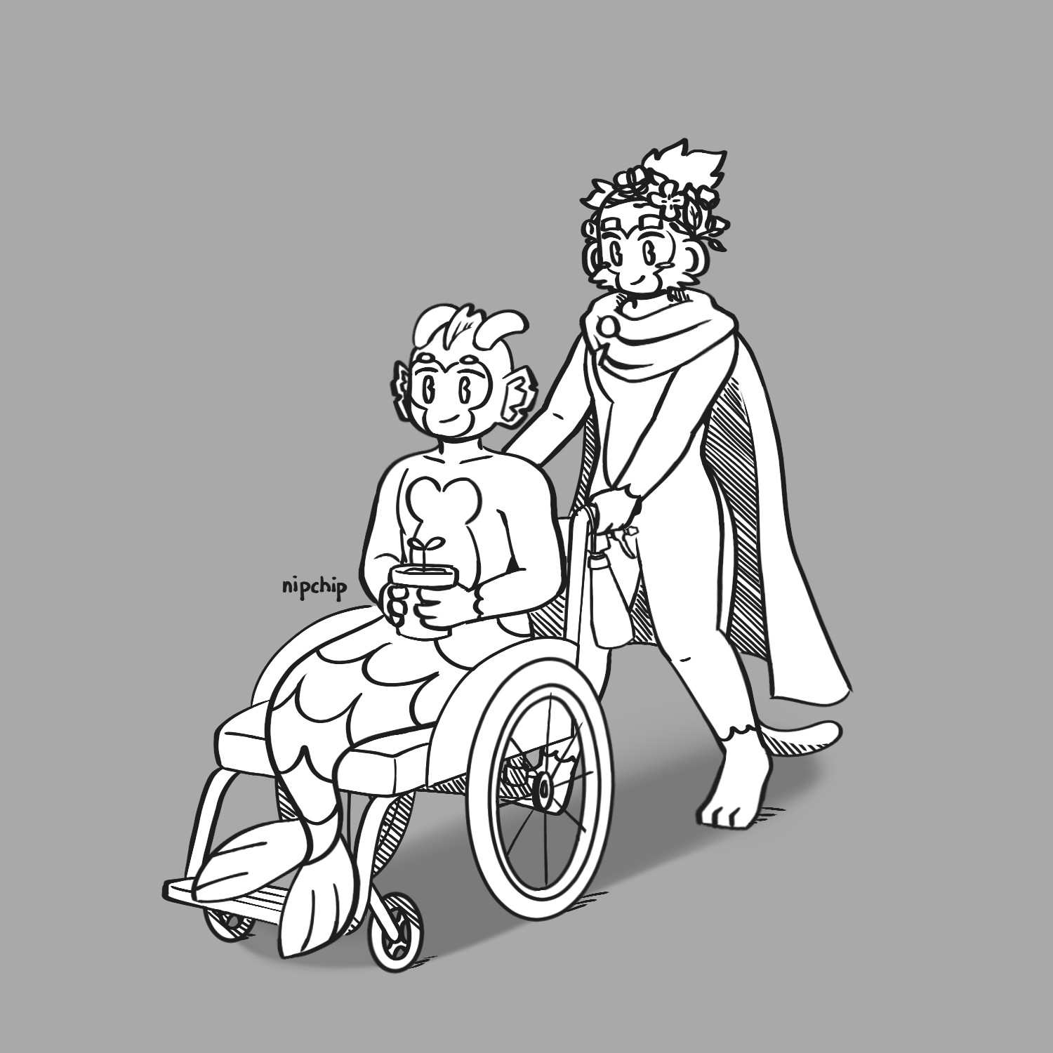 A mermonkey in a wheelchair holding a potted plant. The wheelchair is being pushed by a druid monkey wearing a flower crown.